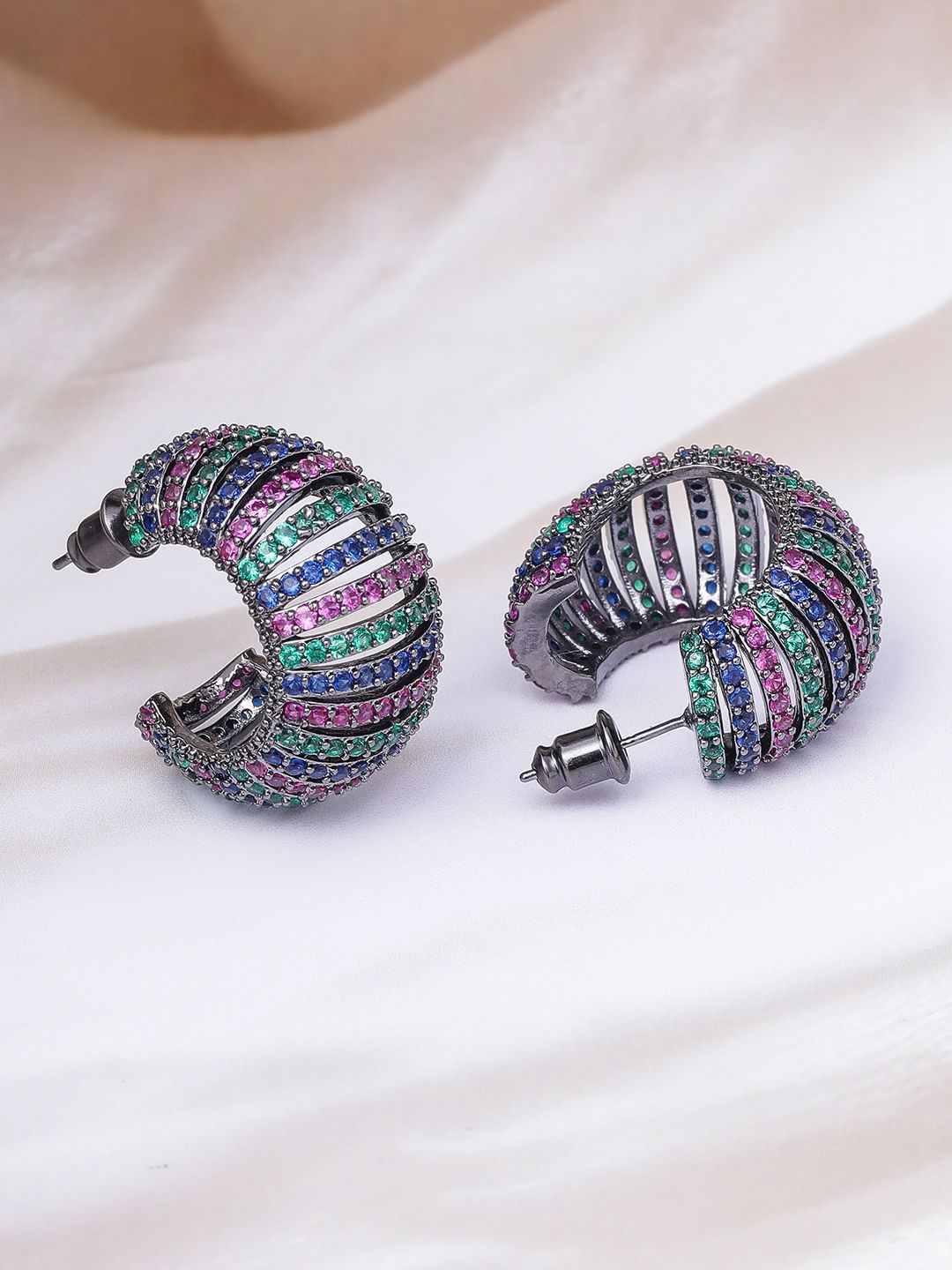 Rubans Rhodium-Plated Ruby Emerald & Blue Cubic Zirconia Studded Half Hoop Earring, Silver
Rubans Rhodium-Plated Ruby Emerald & Blue Cubic Zirconia Studded Half Hoop Earring, Silver
