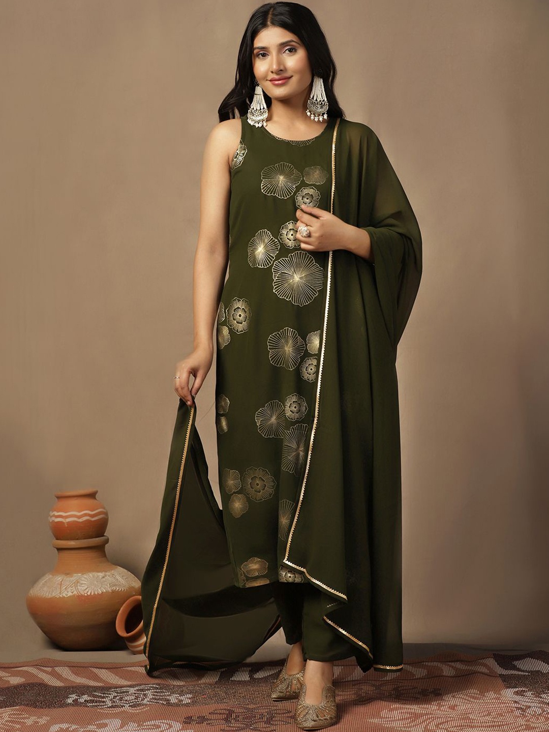 FASHION DREAM Floral Printed Sleeveless Georgette Straight Kurta With Trouser & Dupatta, Green
FASHION DREAM Floral Printed Sleeveless Georgette Straight Kurta With Trouser & Dupatta, Green