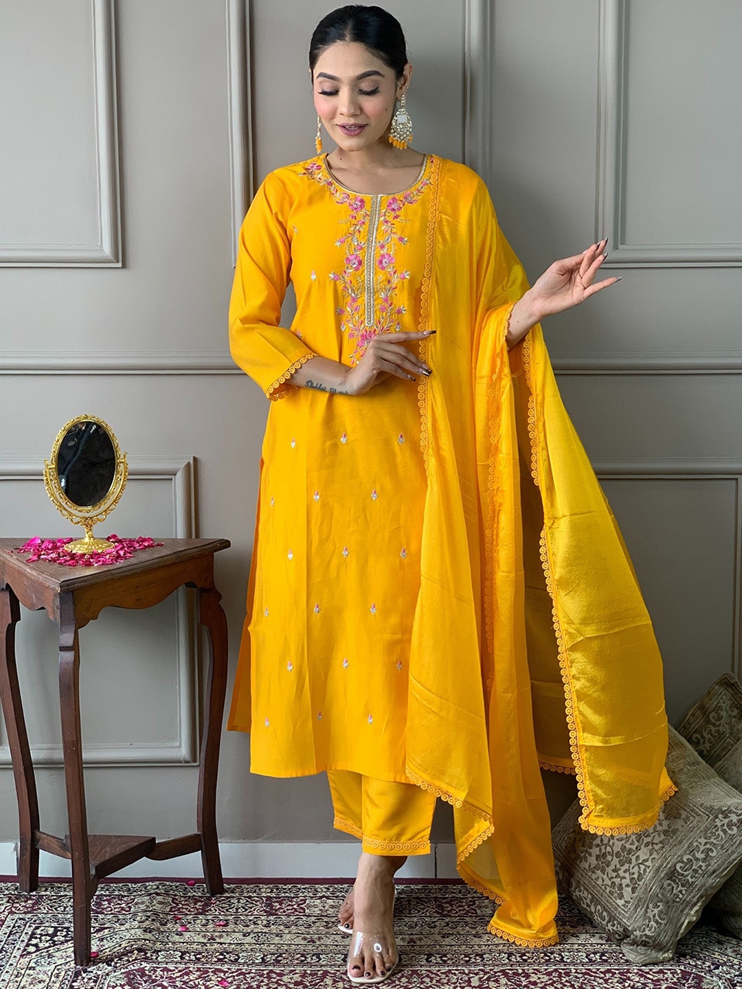 KALINI Floral Yoke Design Thread Work Straight Kurta With Trousers & Dupatta, Mustard
KALINI Floral Yoke Design Thread Work Straight Kurta With Trousers & Dupatta, Mustard