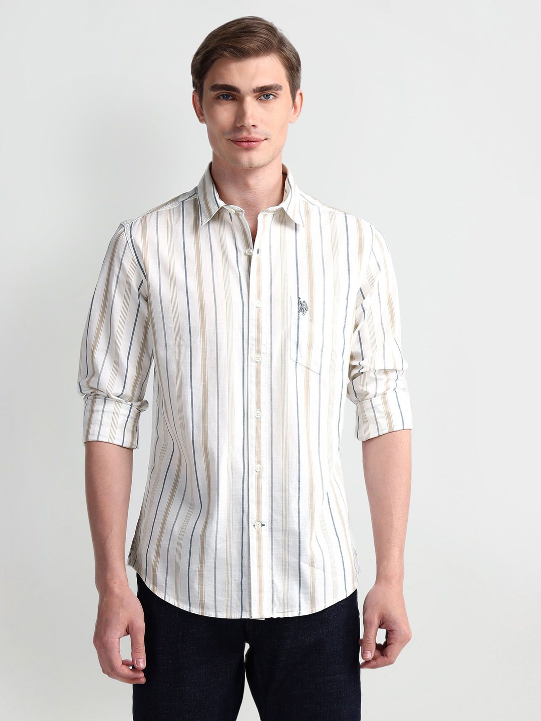 U.S. Polo Assn. Men Modern Spread Collar Striped Cotton Slim Fit Casual Shirt, White
U.S. Polo Assn. Men Modern Spread Collar Striped Cotton Slim Fit Casual Shirt, White