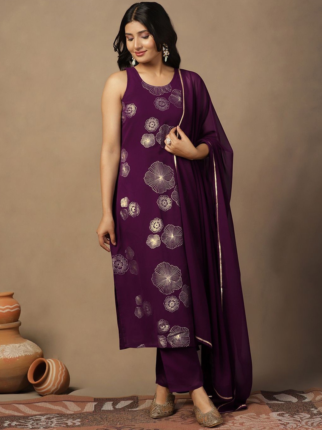 FASHION DREAM Floral Printed Sleeveless Georgette Straight Kurta With Trouser & Dupatta, Purple
FASHION DREAM Floral Printed Sleeveless Georgette Straight Kurta With Trouser & Dupatta, Purple