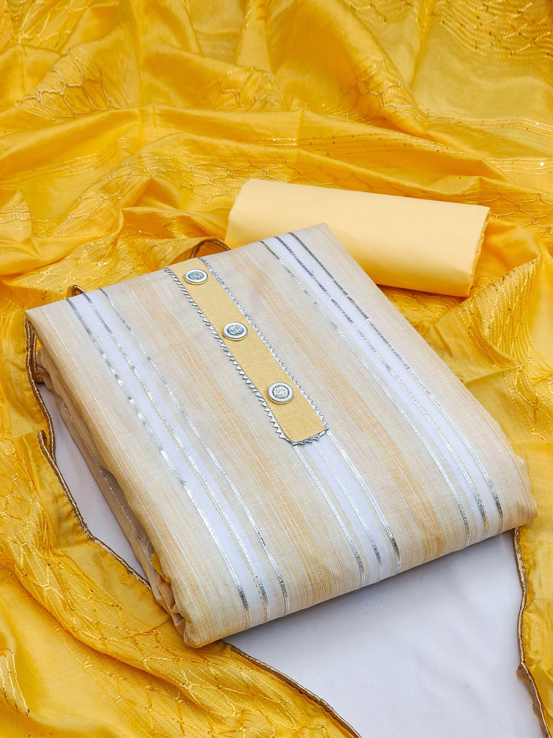 Ishin Striped Embroidered Gotta Patti Pure Cotton Unstitched Dress Material, Yellow
Ishin Striped Embroidered Gotta Patti Pure Cotton Unstitched Dress Material, Yellow
