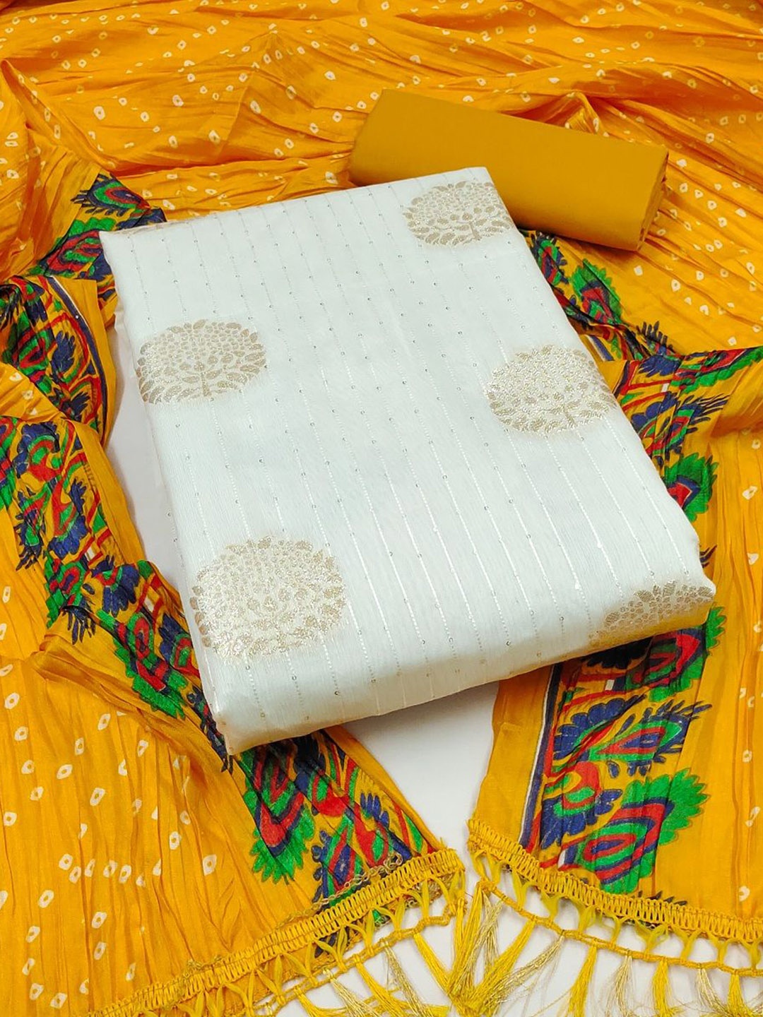 APNISHA Ethnic Motifs Woven Design Sequinned Pure Silk Unstitched Dress Material, White
APNISHA Ethnic Motifs Woven Design Sequinned Pure Silk Unstitched Dress Material, White