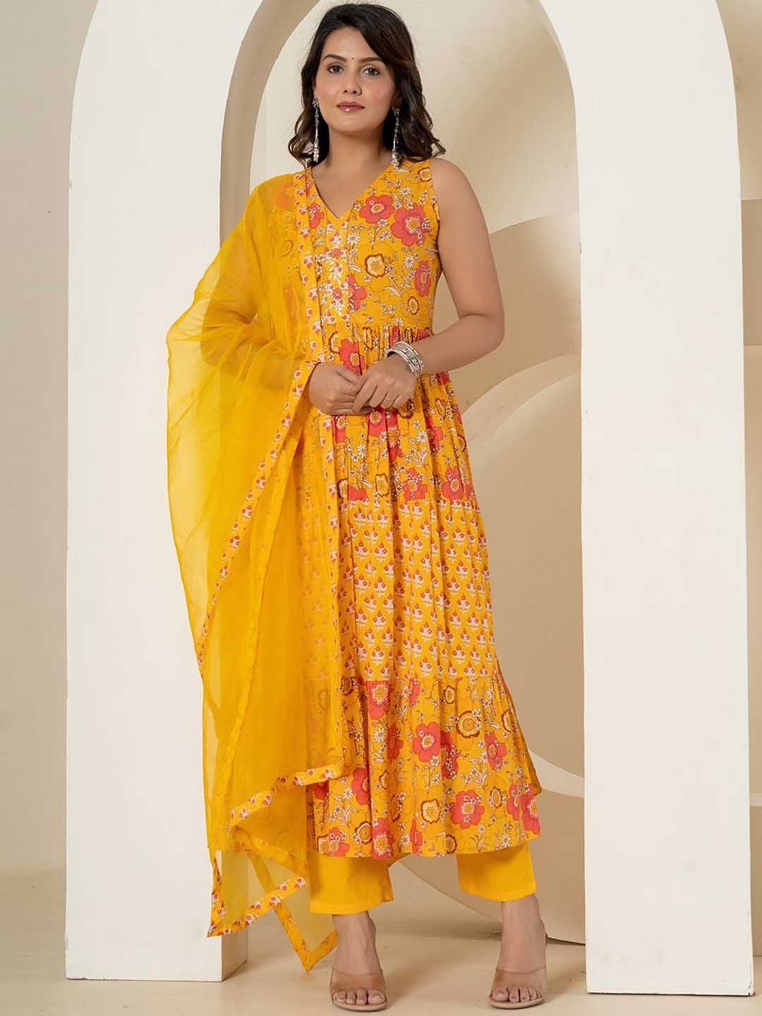 Yufta Floral Printed Tiered Sequinned Pure Cotton A Line Kurta & Trousers With Dupatta, Yellow
Yufta Floral Printed Tiered Sequinned Pure Cotton A Line Kurta & Trousers With Dupatta, Yellow