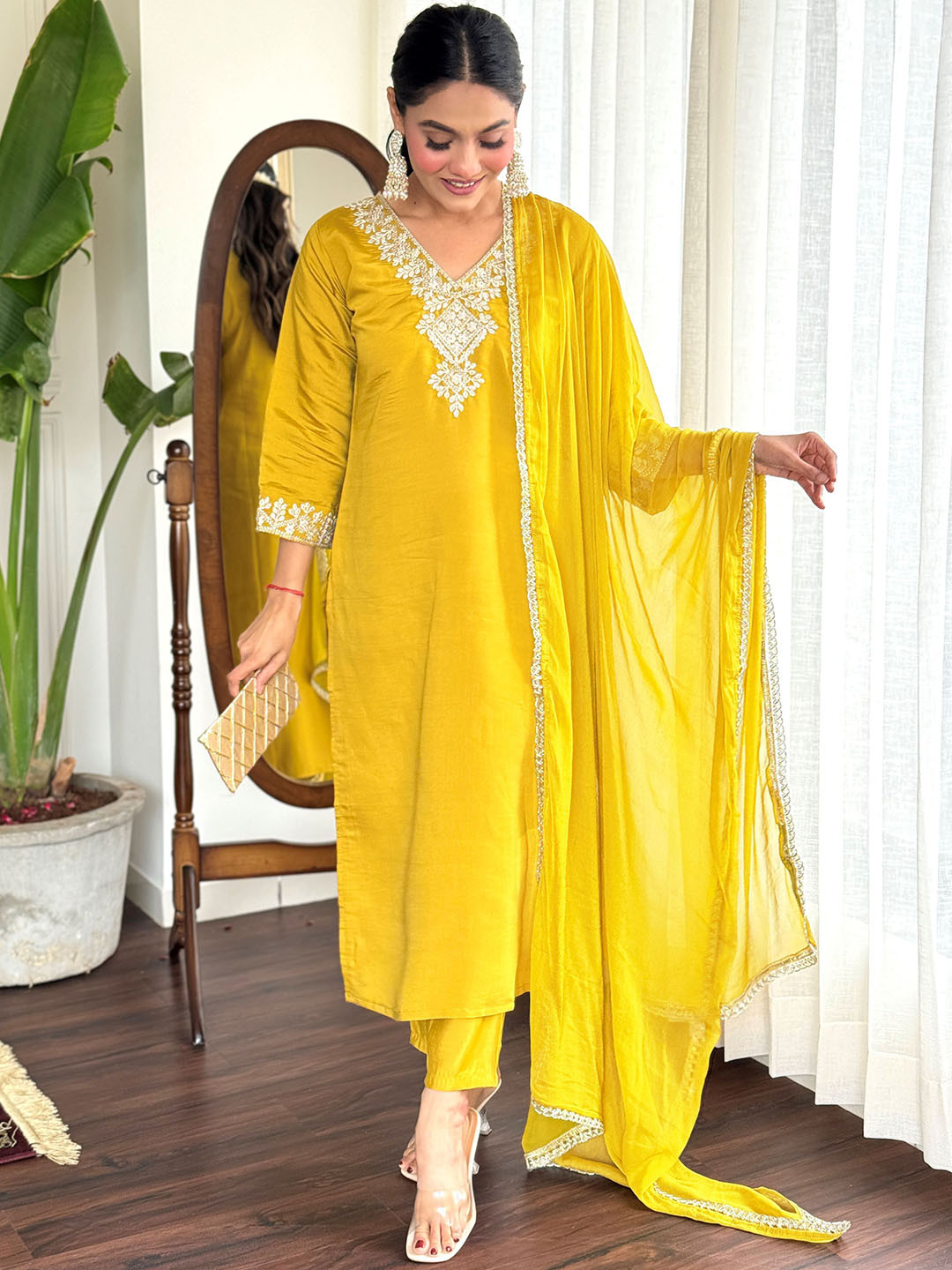 KALINI Floral Embroidered V-Neck Gotta Patti Chanderi Silk Kurta With Trousers & Dupatta, Mustard
KALINI Floral Embroidered V-Neck Gotta Patti Chanderi Silk Kurta With Trousers & Dupatta, Mustard