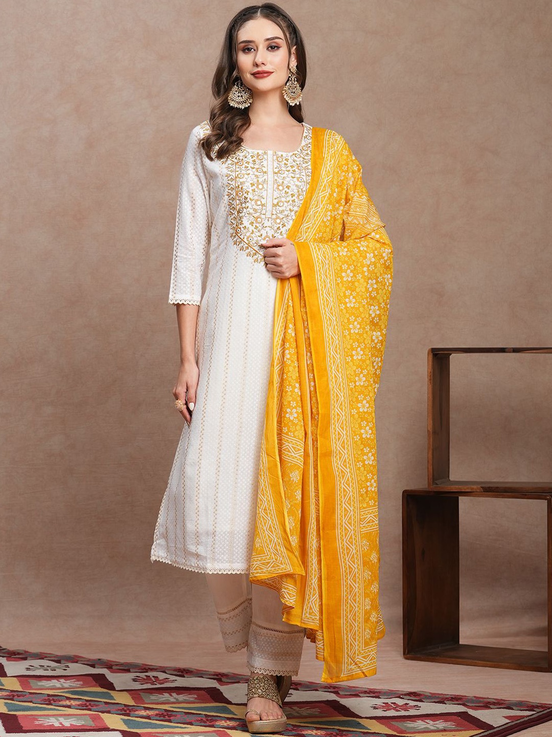 FASHOR Floral Yoke Design Straight Mirror Work Pure Cotton Kurta with Trousers & Dupatta, Off white
FASHOR Floral Yoke Design Straight Mirror Work Pure Cotton Kurta with Trousers & Dupatta, Off white