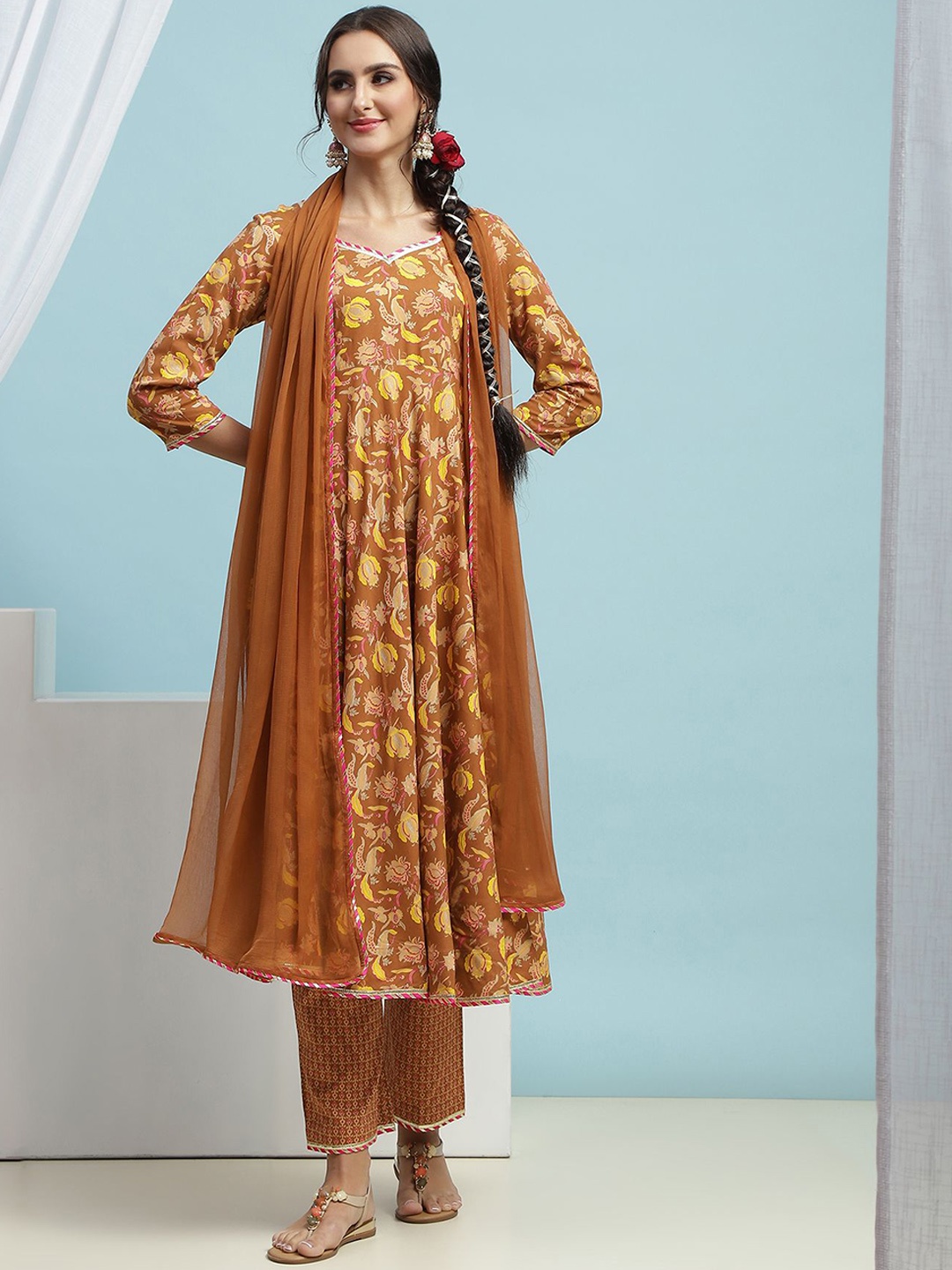 Khushal K Floral Printed Sweetheart Neck Anarkali Kurta with Palazzos & Dupatta, Mustard
Khushal K Floral Printed Sweetheart Neck Anarkali Kurta with Palazzos & Dupatta, Mustard