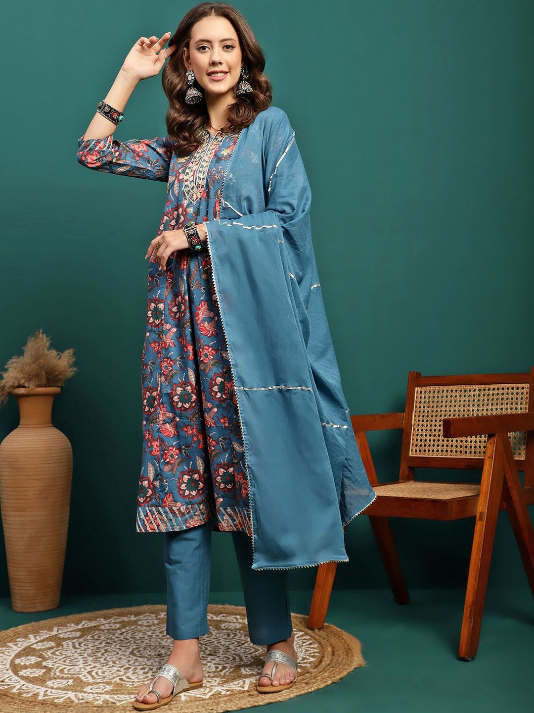 BANDIA Printed Panelled Gotta Patti Pure Cotton Anarkali Kurta with Trousers & Dupatta, Blue
BANDIA Printed Panelled Gotta Patti Pure Cotton Anarkali Kurta with Trousers & Dupatta, Blue