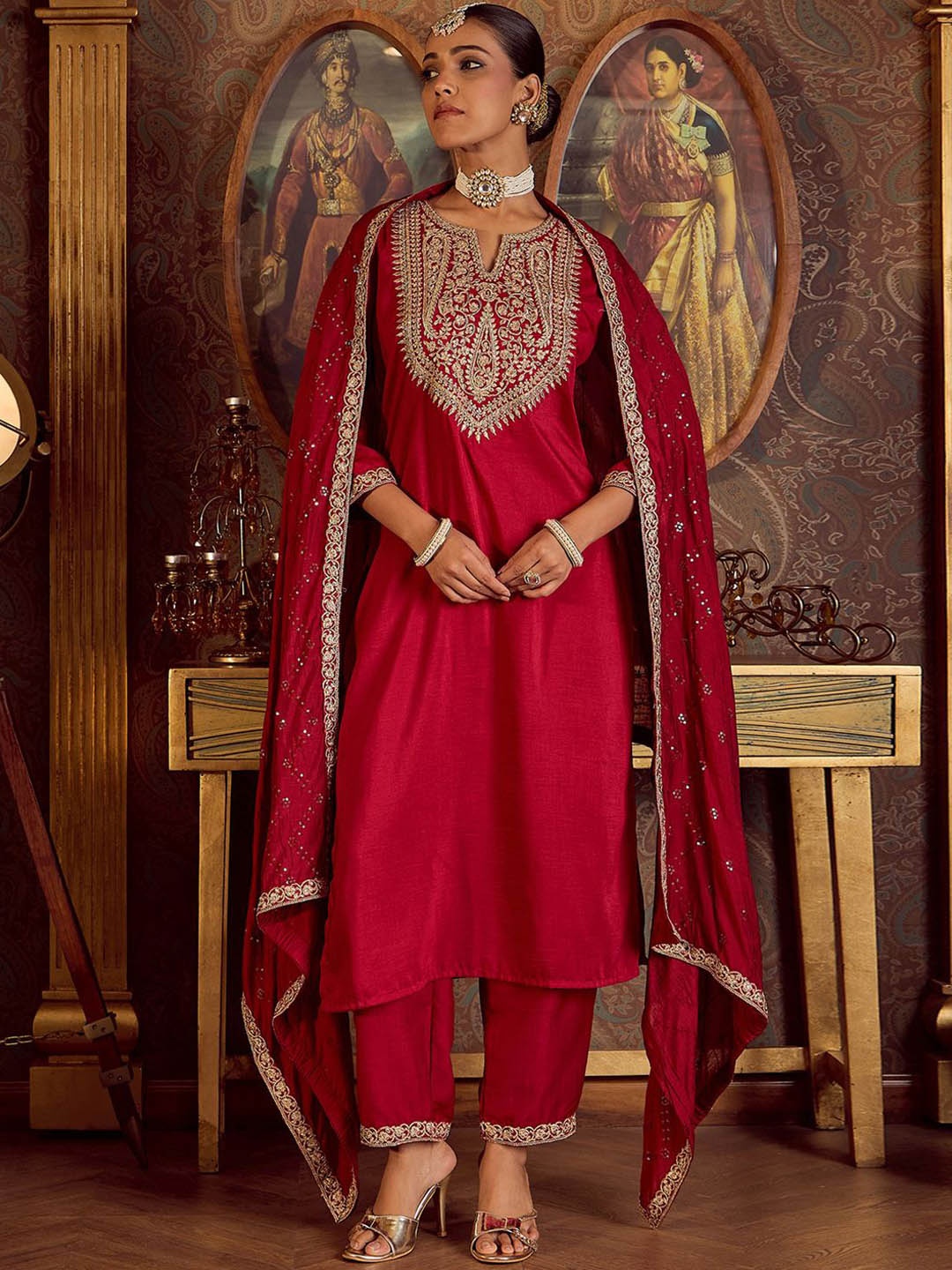 Indo Era Ethnic Floral Embroidered Zari Work Detail Regular Sleeves Round Neck Kurta Set, Red
Indo Era Ethnic Floral Embroidered Zari Work Detail Regular Sleeves Round Neck Kurta Set, Red