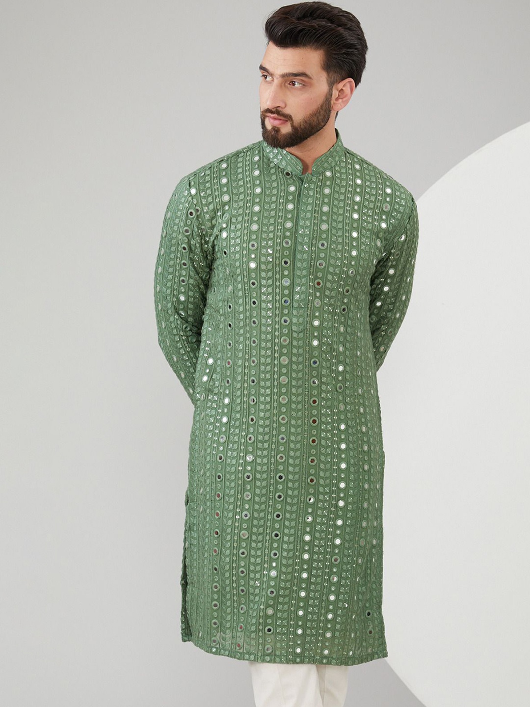 KASBAH CLOTHING NISHCHAIY SAJDEH Geometric Embroidered Mirror Work Georgette Kurta, Green
KASBAH CLOTHING NISHCHAIY SAJDEH Geometric Embroidered Mirror Work Georgette Kurta, Green