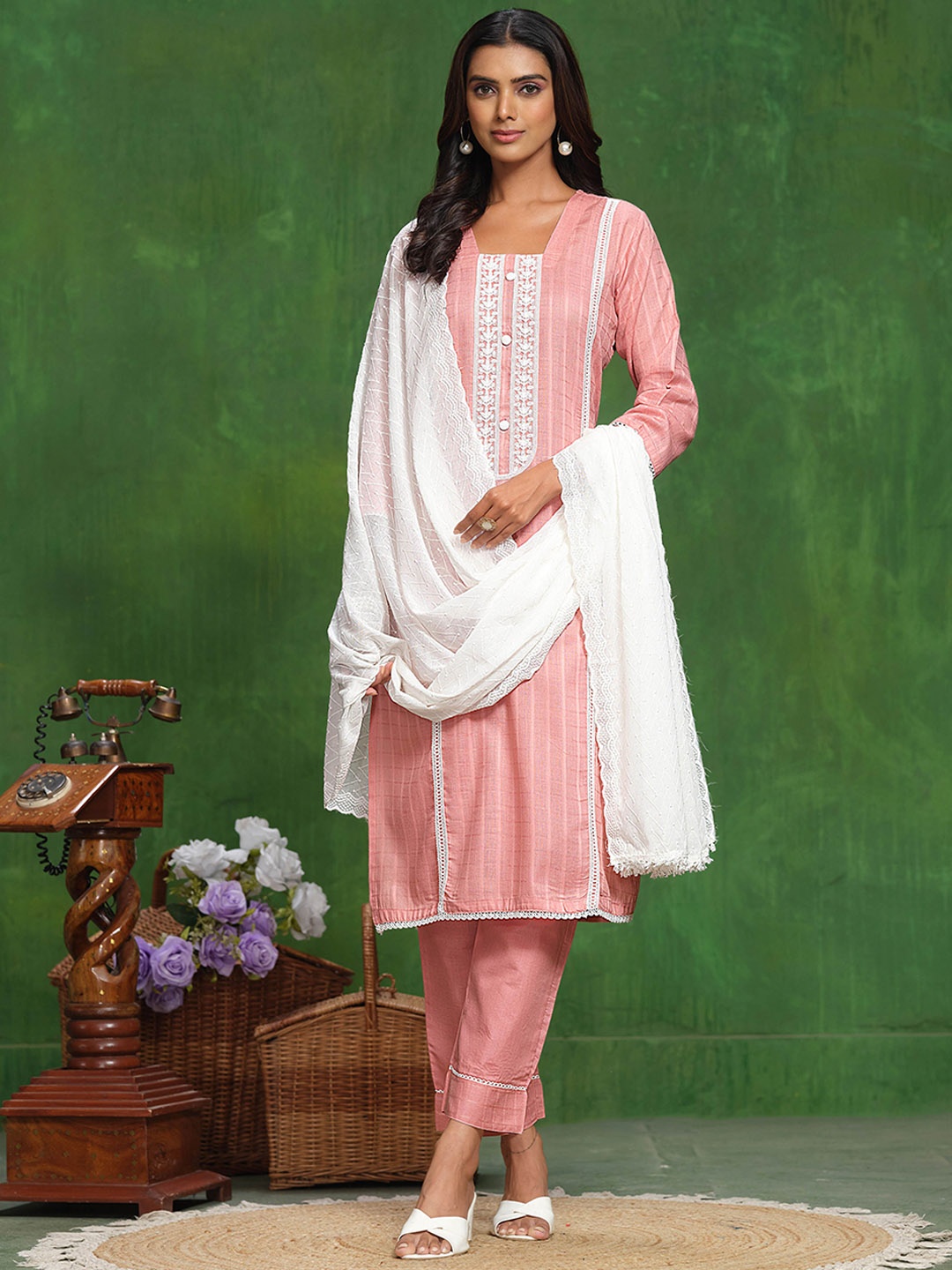 Sangria Peach Floral Embroidered Pure Cotton Straight Kurta With Trouser & Dupatta
Sangria Peach Floral Embroidered Pure Cotton Straight Kurta With Trouser & Dupatta