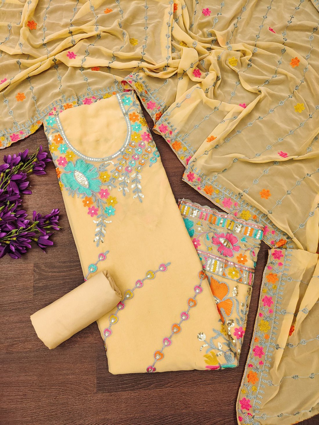 APNISHA Floral Embroidered Sequinned Silk Georgette Unstitched Dress Material, Beige
APNISHA Floral Embroidered Sequinned Silk Georgette Unstitched Dress Material, Beige