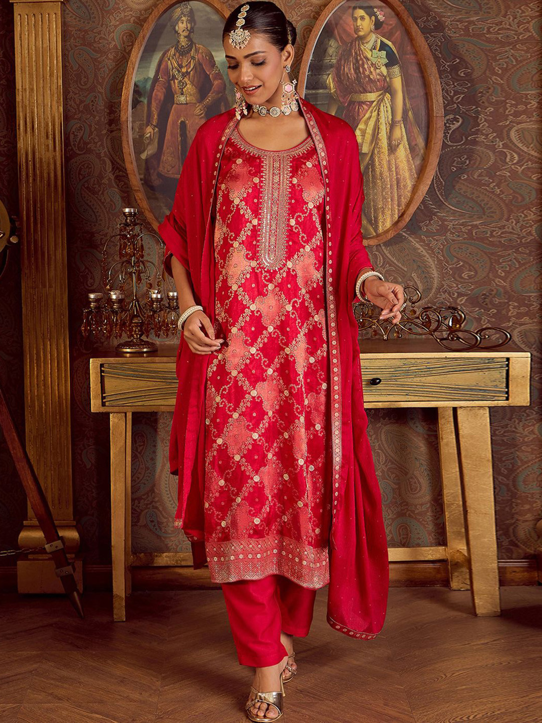 Indo Era Floral Woven Design Zari work Regular Sleeves Round Neck Silk Blend Kurta Set, Red
Indo Era Floral Woven Design Zari work Regular Sleeves Round Neck Silk Blend Kurta Set, Red