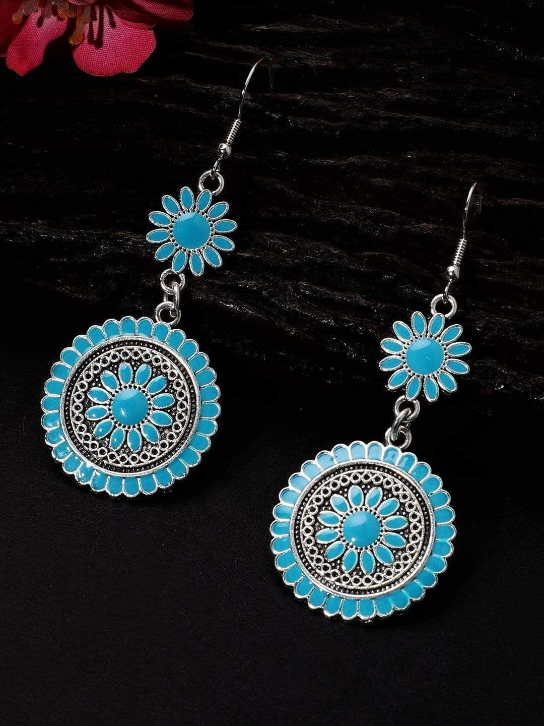 Rubans Silver-Toned Blue Floral Drop Earrings, Oxidised Silver-Plated with Elegant Design
Rubans Silver-Toned Blue Floral Drop Earrings, Oxidised Silver-Plated with Elegant Design
