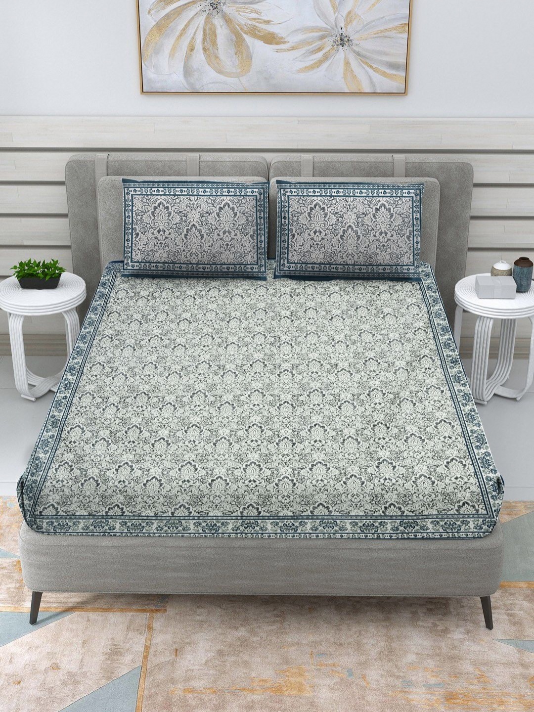 RRC Grey & Blue Ethnic Motifs 120 TC Pure Cotton Queen Bedsheet With 2 Pillow Covers
RRC Grey & Blue Ethnic Motifs 120 TC Pure Cotton Queen Bedsheet With 2 Pillow Covers