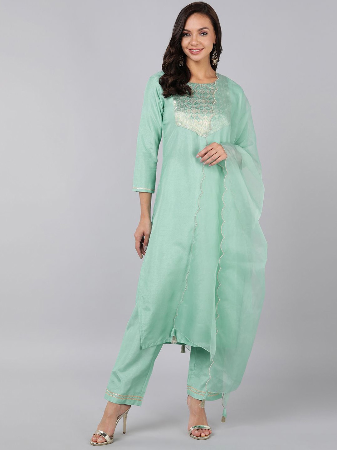 KALINI Ethnic Motifs Embroidered Regular Straight Kurta with Trousers & Dupatta, Sea green
KALINI Ethnic Motifs Embroidered Regular Straight Kurta with Trousers & Dupatta, Sea green
