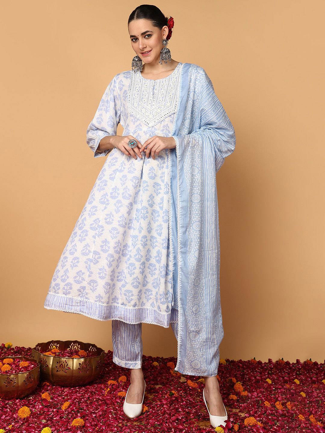 KALINI Ethnic Motifs Printed Mirror Work Anarkali Kurta with Trousers & With Dupatta, Blue
KALINI Ethnic Motifs Printed Mirror Work Anarkali Kurta with Trousers & With Dupatta, Blue