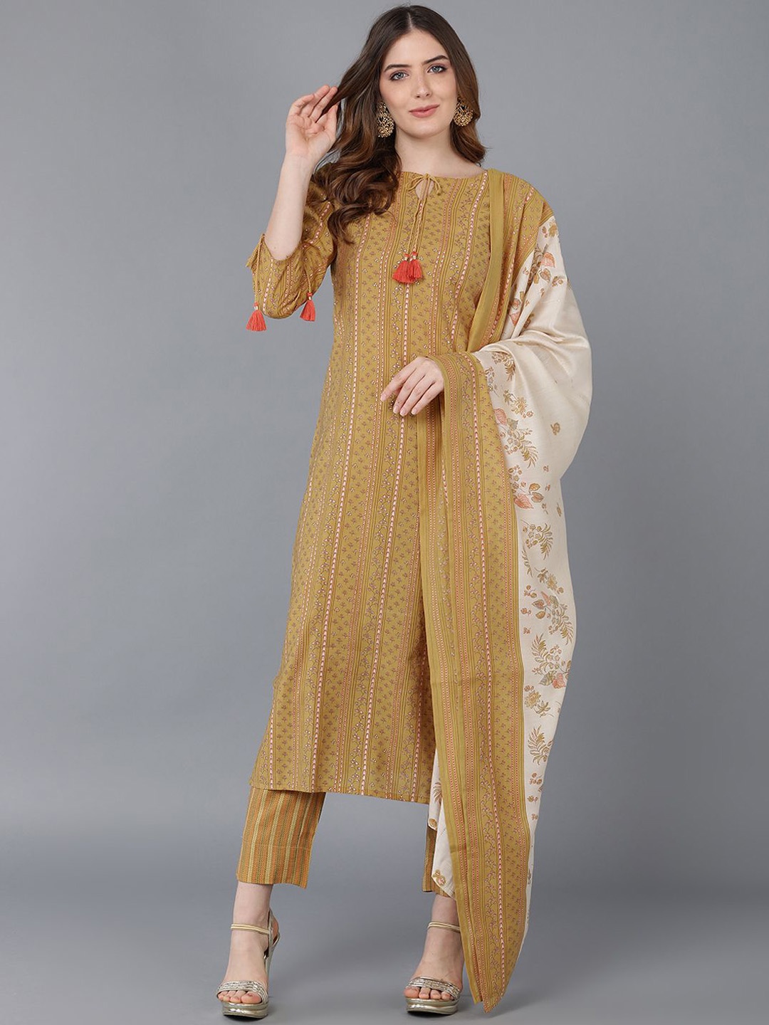 KALINI Floral Printed Keyhole Neck Regular Straight Kurta with Trousers & Dupatta, Mustard
KALINI Floral Printed Keyhole Neck Regular Straight Kurta with Trousers & Dupatta, Mustard