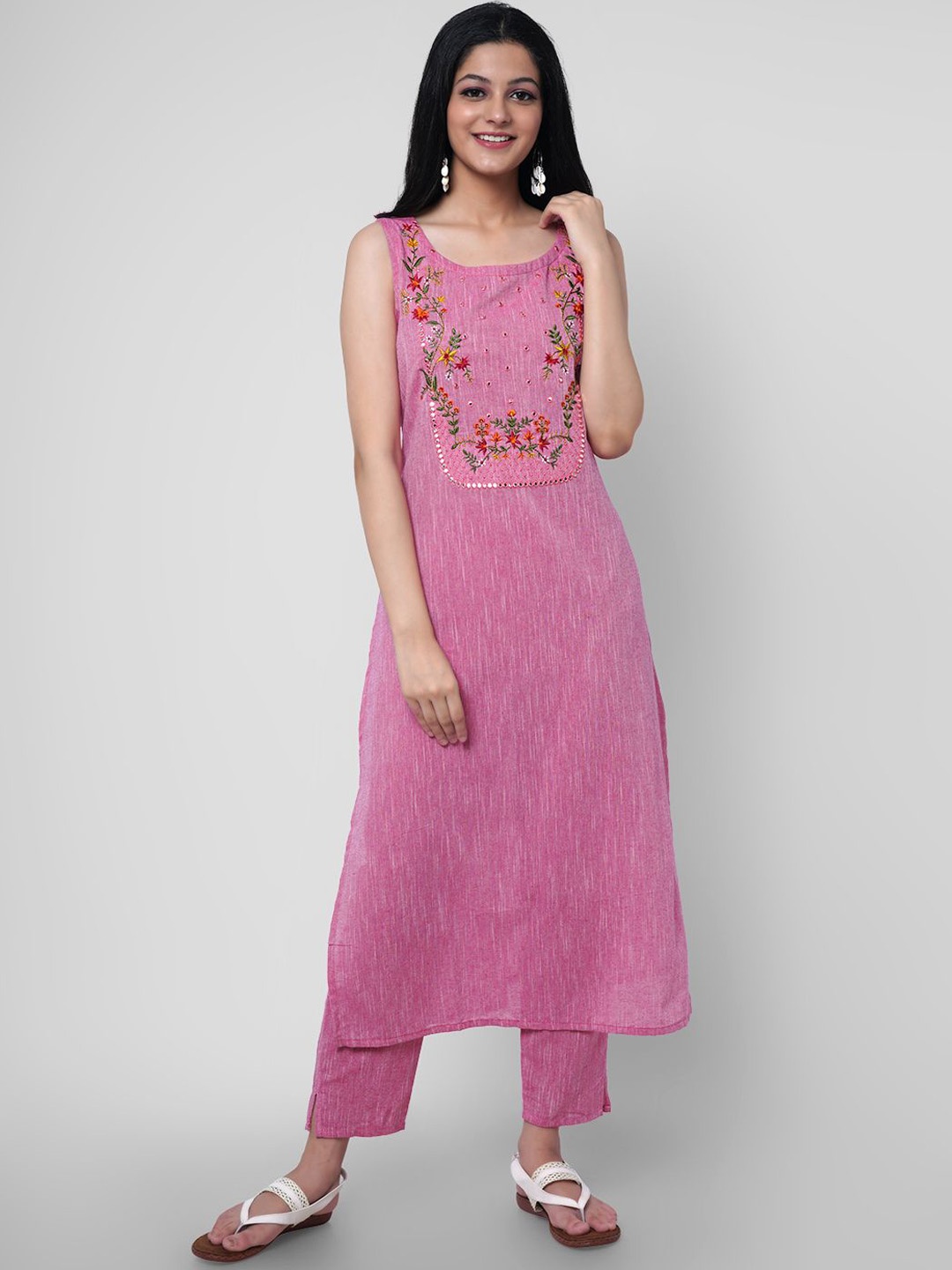 NYPA Floral Yoke Design Embroidered Mirror Work Pure Cotton Kurta With Trousers, Pink
NYPA Floral Yoke Design Embroidered Mirror Work Pure Cotton Kurta With Trousers, Pink