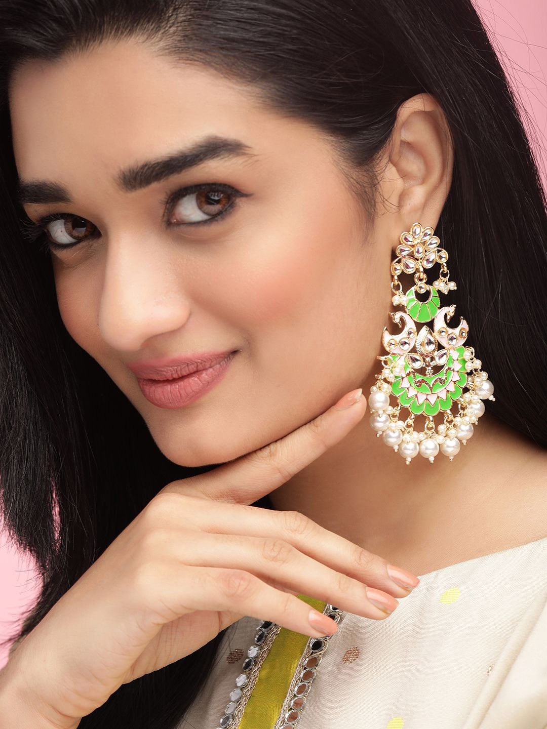 Rubans 22K Gold Plated Green and Pink Enamel, Kundan-Studded, Pearl Beaded Chandbalis
Rubans 22K Gold Plated Green and Pink Enamel, Kundan-Studded, Pearl Beaded Chandbalis