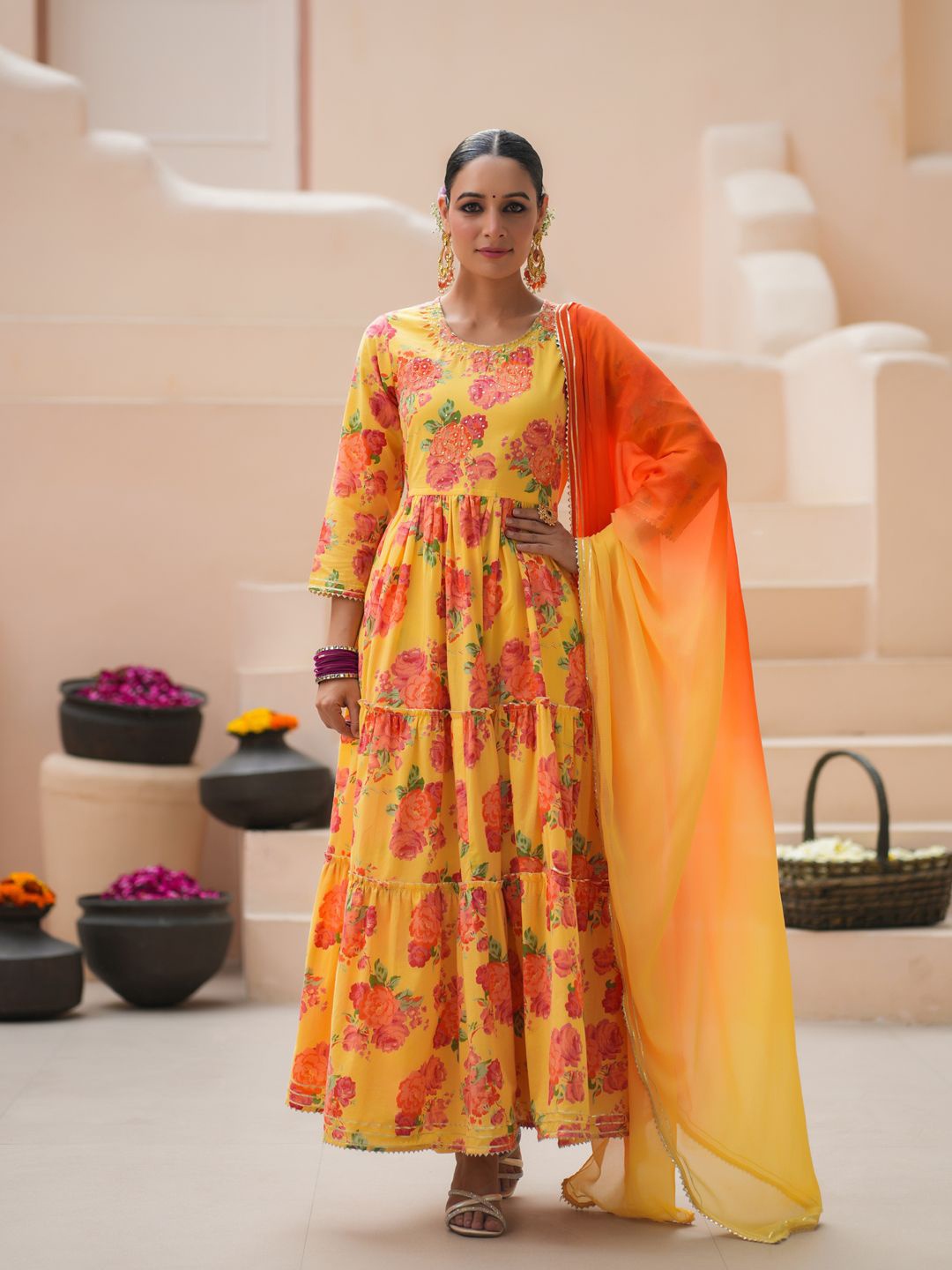 Rain & Rainbow Floral Printed Sequinned Pure Cotton Anarkali Kurta with Trousers & Dupatta, Yellow
Rain & Rainbow Floral Printed Sequinned Pure Cotton Anarkali Kurta with Trousers & Dupatta, Yellow