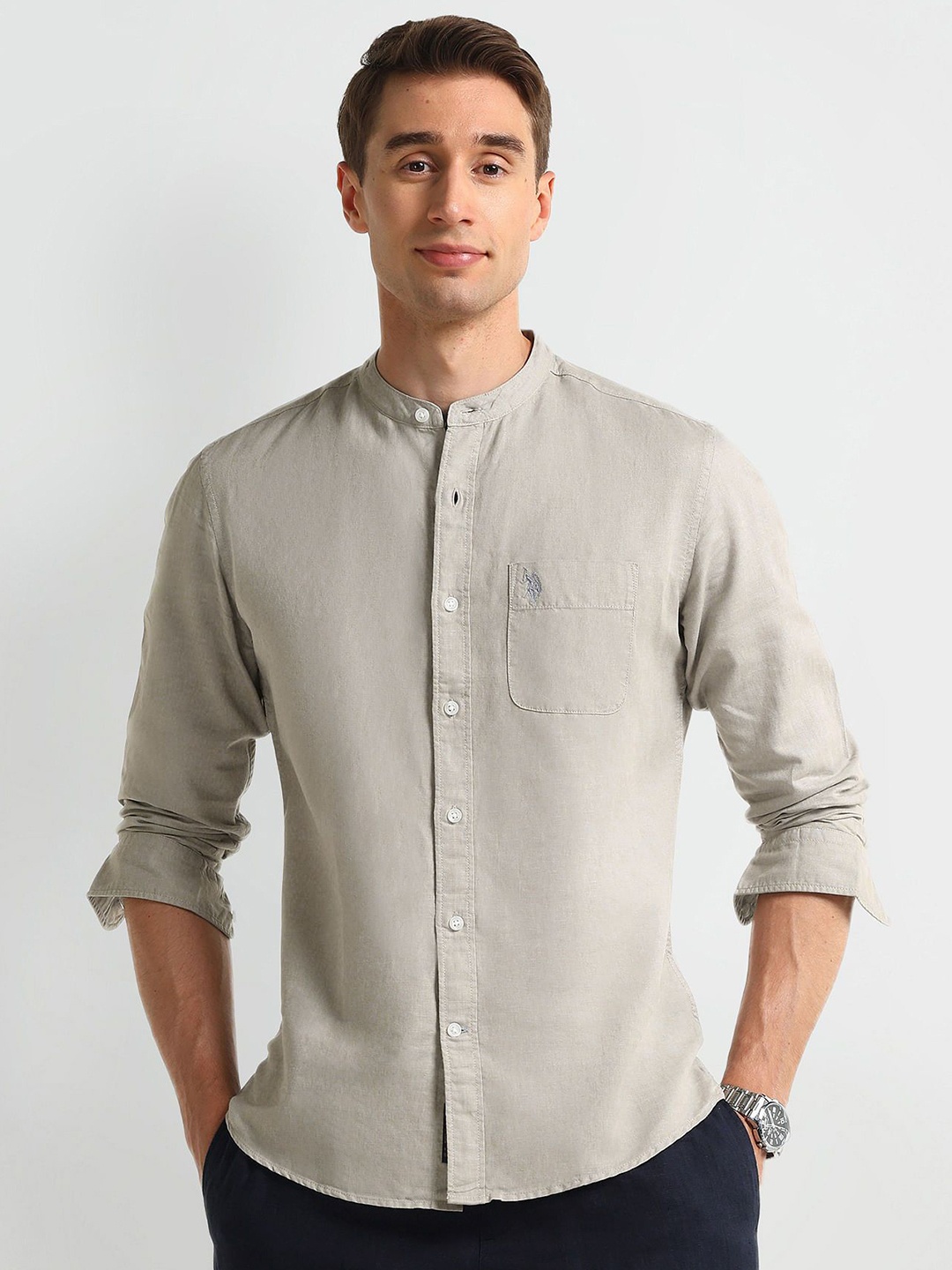 U.S. Polo Assn. Denim Co. Men Comfort Band Collar Solid Linen Slim Fit Casual Shirt, Grey
U.S. Polo Assn. Denim Co. Men Comfort Band Collar Solid Linen Slim Fit Casual Shirt, Grey