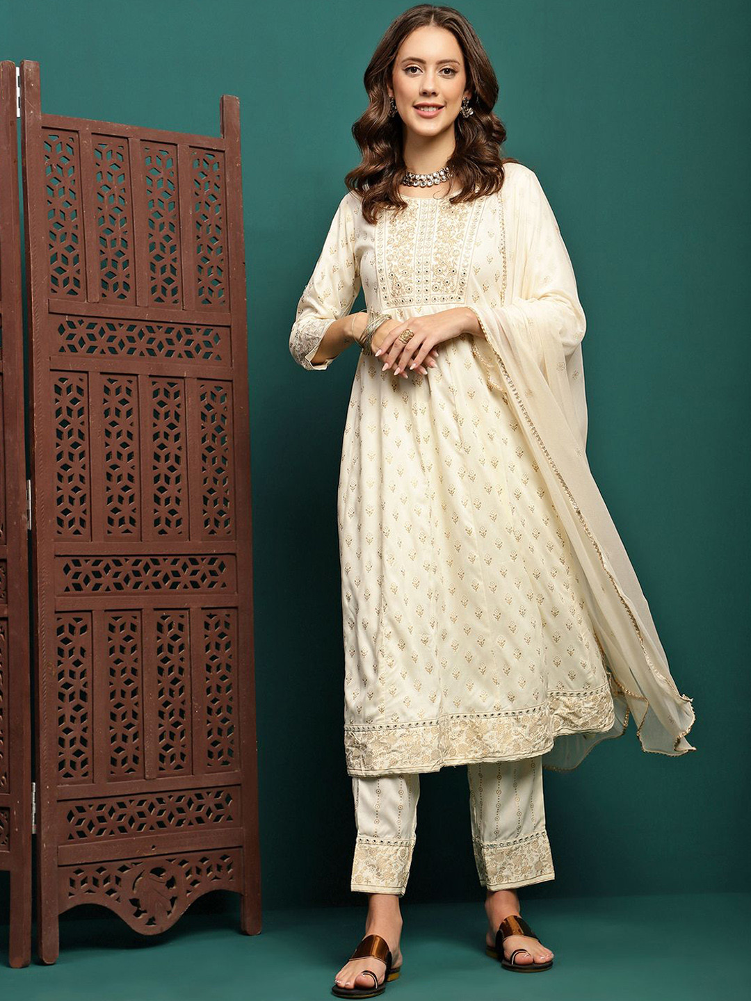 BANDIA Floral Printed Panelled Mirror Work Anarkali Kurta with Trousers & Dupatta, Cream 
BANDIA Floral Printed Panelled Mirror Work Anarkali Kurta with Trousers & Dupatta, Cream