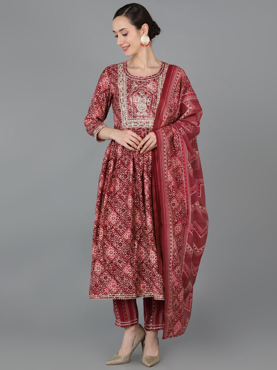 KALINI Ethnic Motifs Printed Thread Work Chanderi Silk Kurta with Trousers & Dupatta, Maroon
KALINI Ethnic Motifs Printed Thread Work Chanderi Silk Kurta with Trousers & Dupatta, Maroon