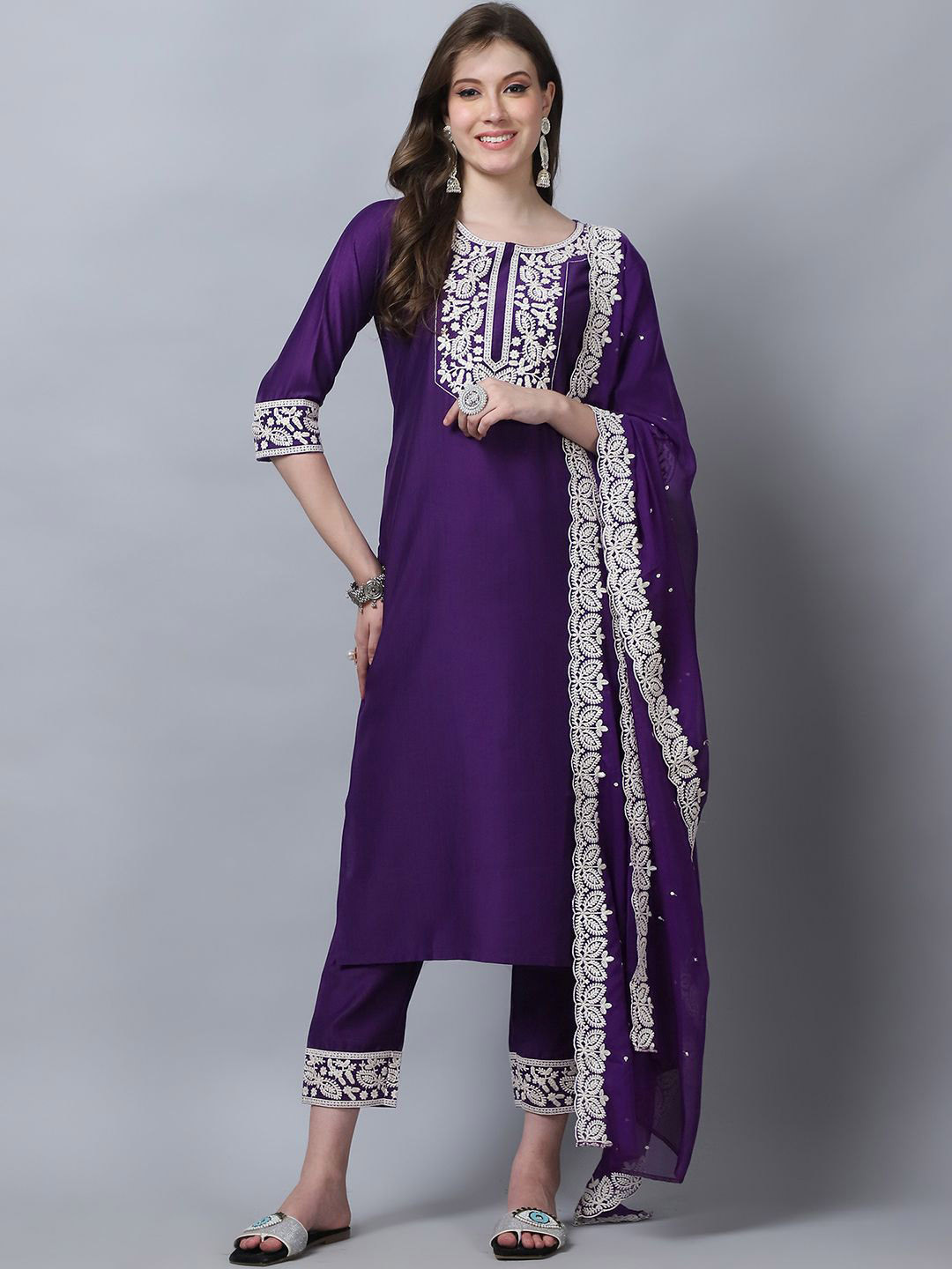 KLOSIA Floral Yoke Design Sequinned Pure Silk Straight Kurta With Trouser & Dupatta, Purple 
KLOSIA Floral Yoke Design Sequinned Pure Silk Straight Kurta With Trouser & Dupatta, Purple