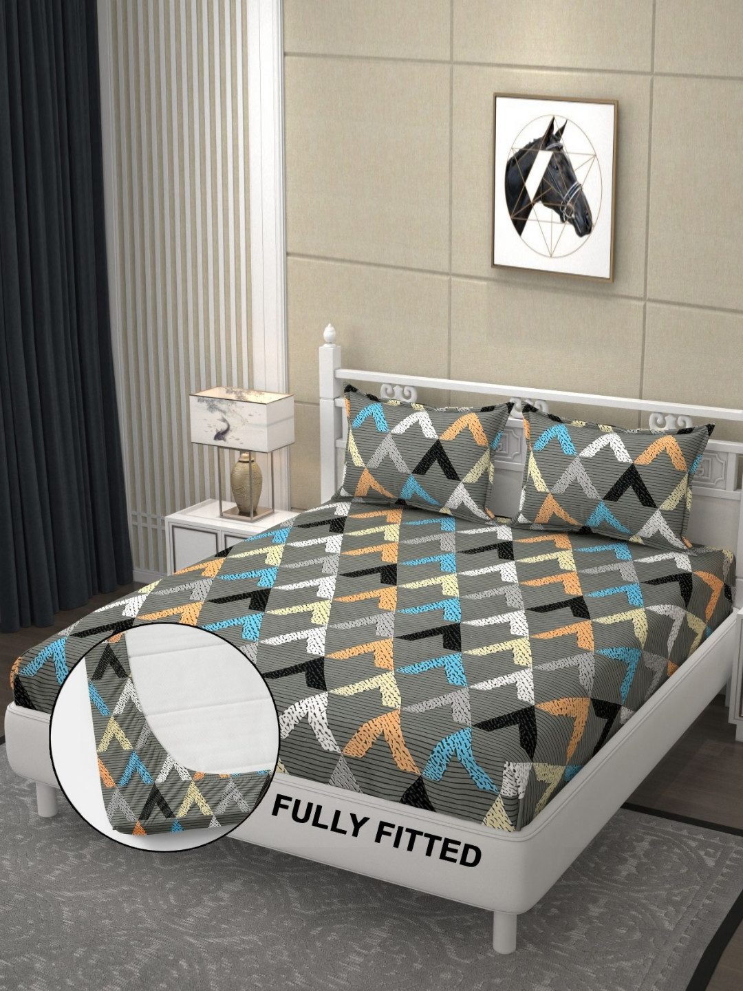 FINE TEX WORLD Black & Grey Geometric 180 TC Fitted King Bedsheet With 2 Pillow Covers
FINE TEX WORLD Black & Grey Geometric 180 TC Fitted King Bedsheet With 2 Pillow Covers