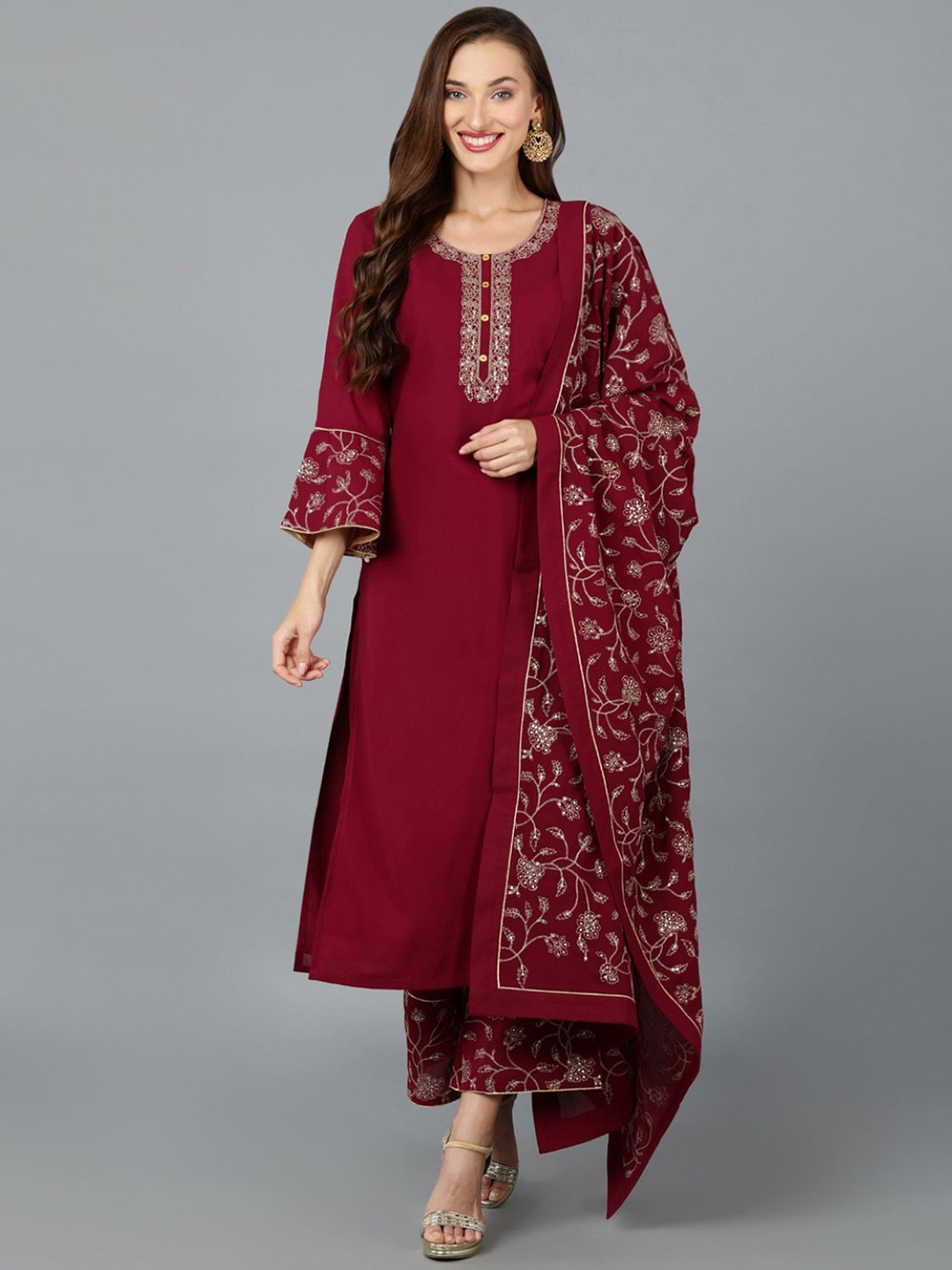 KALINI Floral Yoke Design Regular Thread Work Bell Sleeves Kurta with Palazzos & Dupatta, Maroon
KALINI Floral Yoke Design Regular Thread Work Bell Sleeves Kurta with Palazzos & Dupatta, Maroon