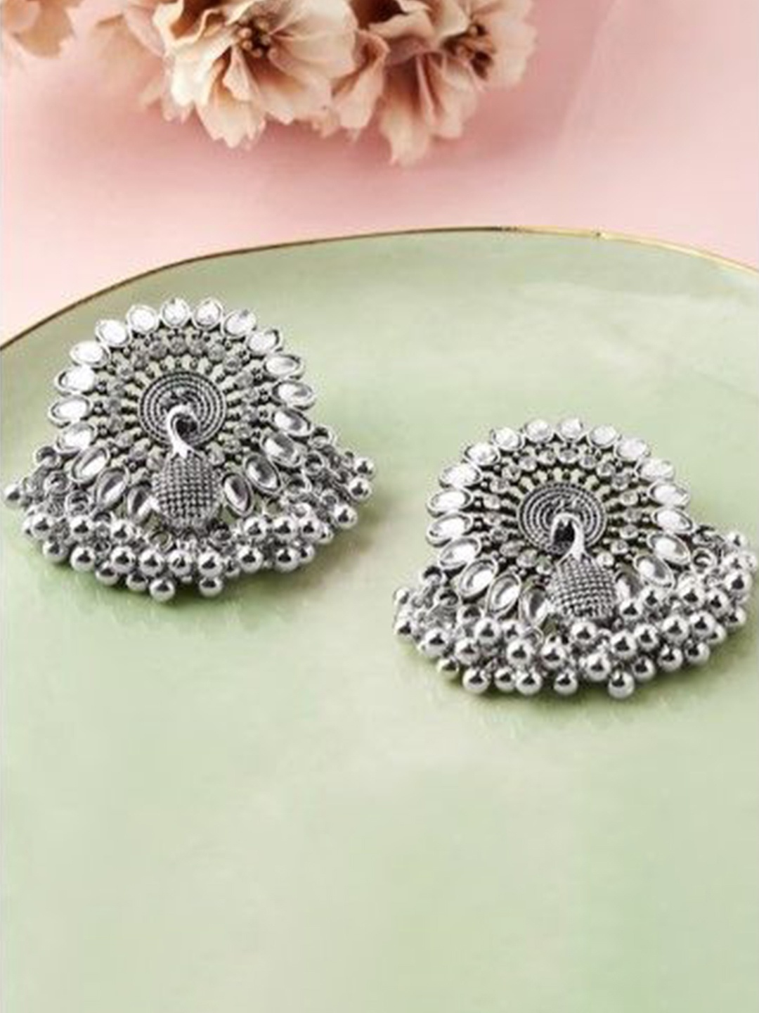 Rubans Oxidised Silver-Plated Peacock Design Stud Earring with AD Studded & Beaded Detail
Rubans Oxidised Silver-Plated Peacock Design Stud Earring with AD Studded & Beaded Detail