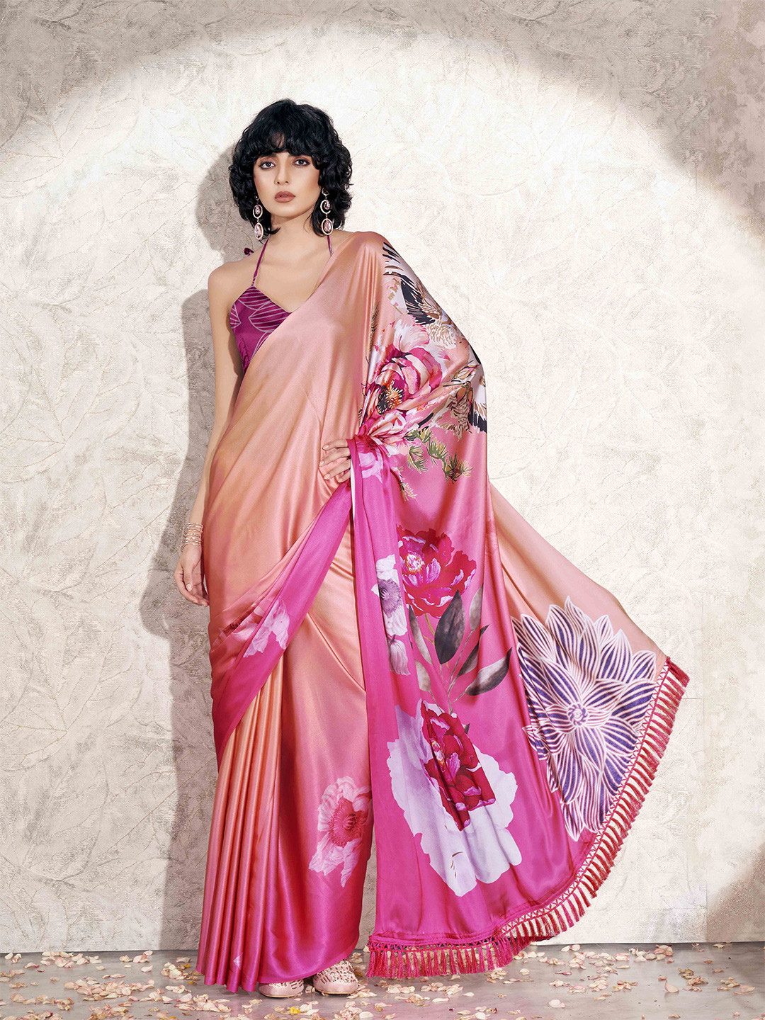 Tikhi Imli digital printed floral design with tassles on pallu Satin Saree, Pink
Tikhi Imli digital printed floral design with tassles on pallu Satin Saree, Pink