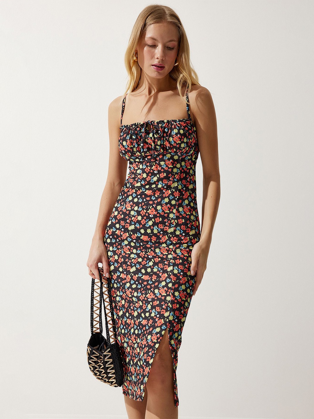 Happiness istanbul Shoulder Straps Floral Printed Tie-Ups Sheath Midi Dress, Black
Happiness istanbul Shoulder Straps Floral Printed Tie-Ups Sheath Midi Dress, Black
