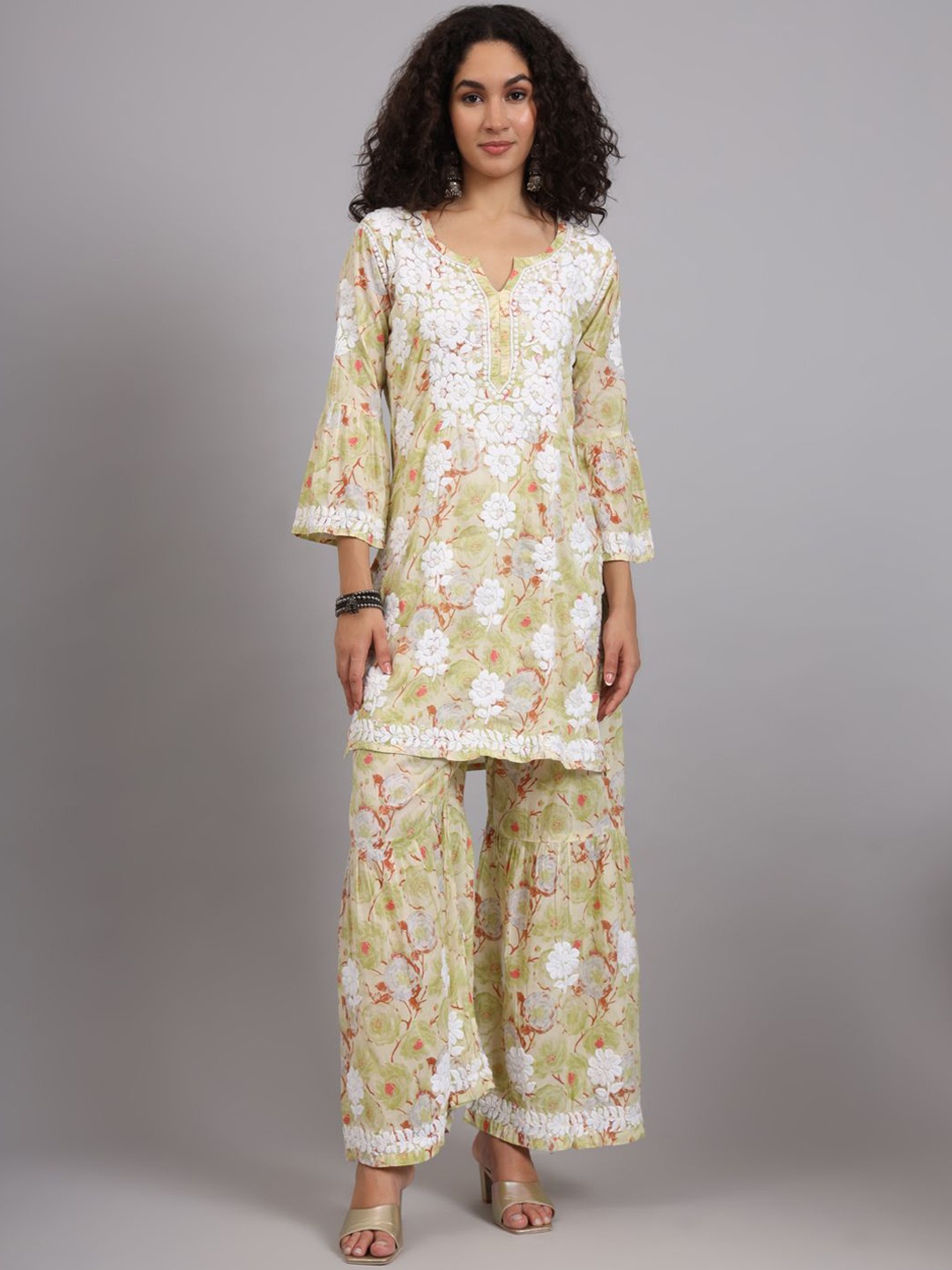The Chikan Label Floral Embroidered Chikankari Pure Cotton Kurta with Sharara, Green
The Chikan Label Floral Embroidered Chikankari Pure Cotton Kurta with Sharara, Green