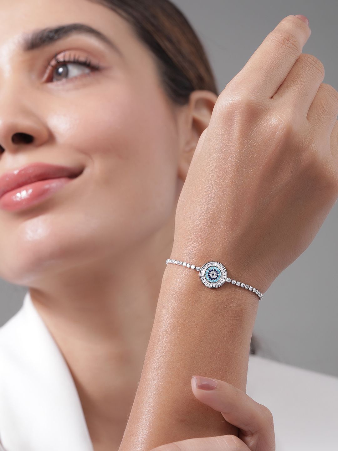 Rubans Rhodium Plated Cubic Zirconia & Blue Stone Studded Adjustable Bracelet, Silver
Rubans Rhodium Plated Cubic Zirconia & Blue Stone Studded Adjustable Bracelet, Silver