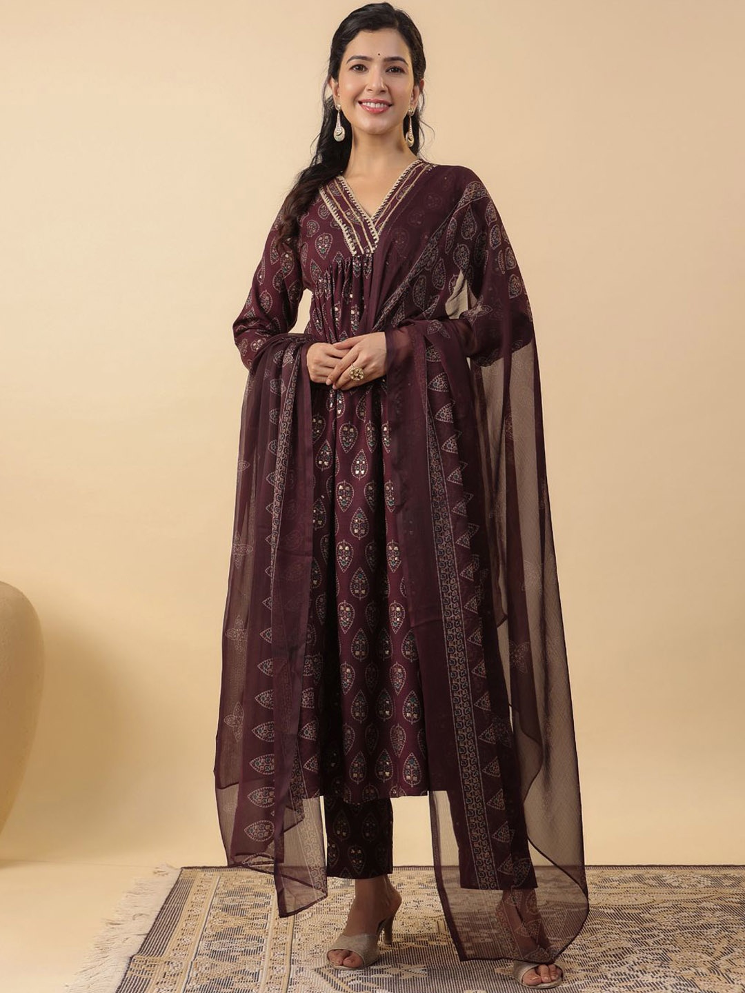 KALINI Women Ethnic Motifs Printed Pleated Kurta with Trousers & With Dupatta, Purple
KALINI Women Ethnic Motifs Printed Pleated Kurta with Trousers & With Dupatta, Purple