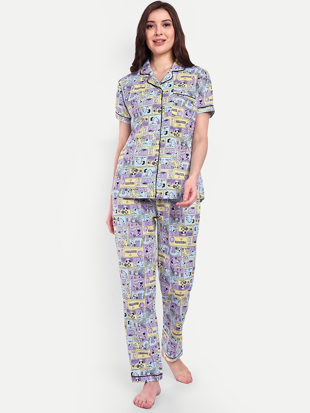 Bedtime story Women Cartoon Characters Printed Lapel Collar Pure Cotton Night suit, Purple
Bedtime story Women Cartoon Characters Printed Lapel Collar Pure Cotton Night suit, Purple
