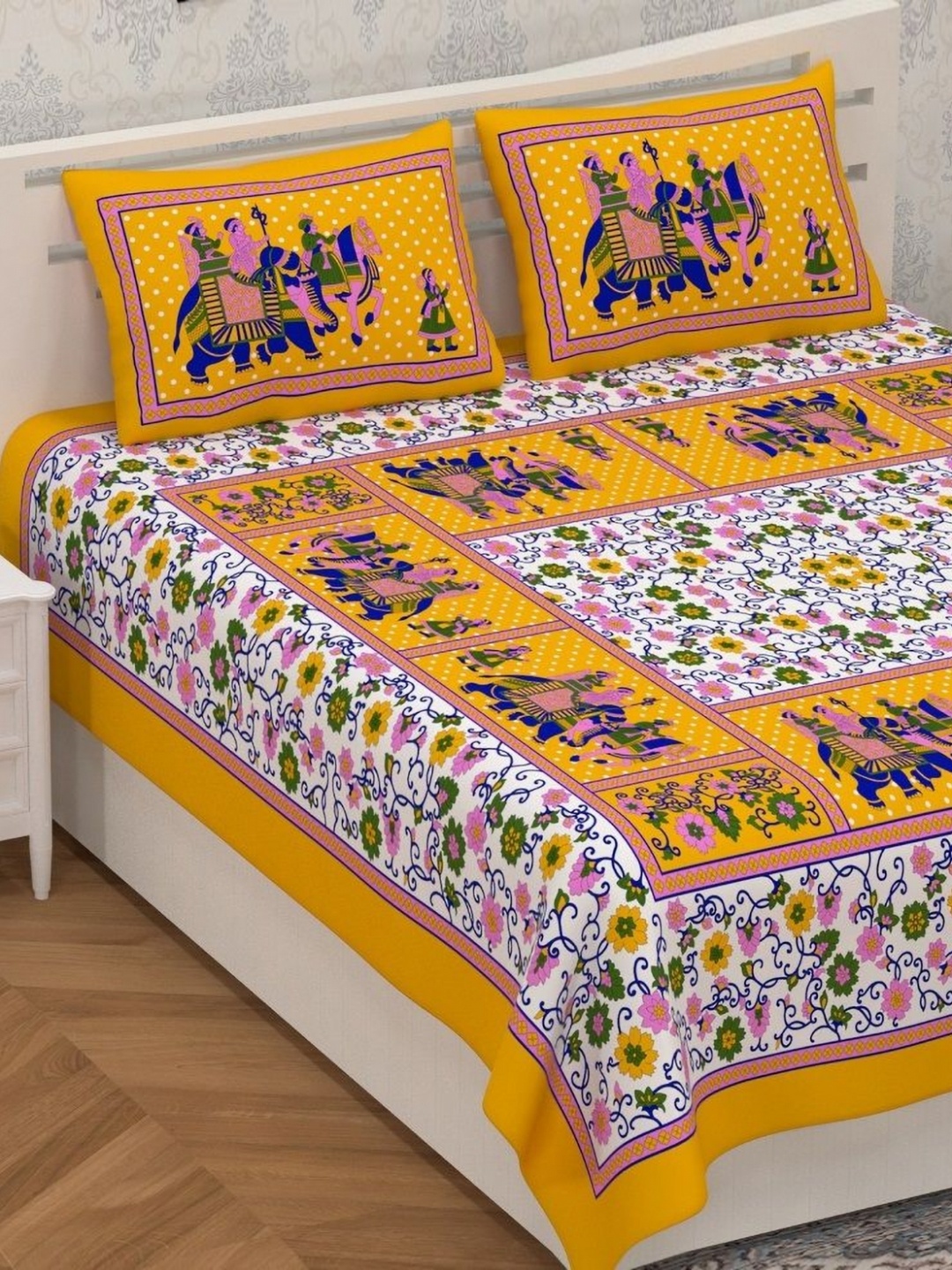 AYAT COLLECTION Mustard Yellow Floral 144 TC Pure Cotton Queen Bedsheet & 2 Pillow Covers
AYAT COLLECTION Mustard Yellow Floral 144 TC Pure Cotton Queen Bedsheet & 2 Pillow Covers
