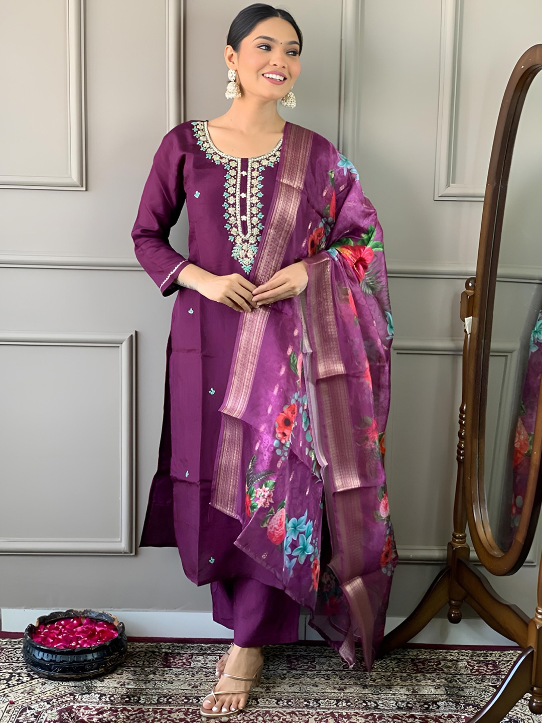 KALINI Floral Embroidered Sequinned Chanderi Silk Kurta with Trousers & Dupatta, Purple
KALINI Floral Embroidered Sequinned Chanderi Silk Kurta with Trousers & Dupatta, Purple