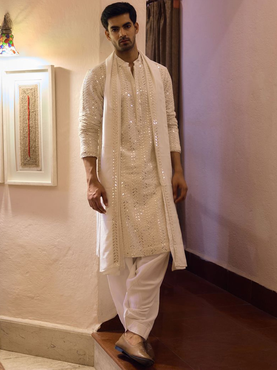 Ankit V Kapoor Embroidered Mandarin Collar Silk Georgette Kurta with Salwar & Dupatta, Off white
Ankit V Kapoor Embroidered Mandarin Collar Silk Georgette Kurta with Salwar & Dupatta, Off white