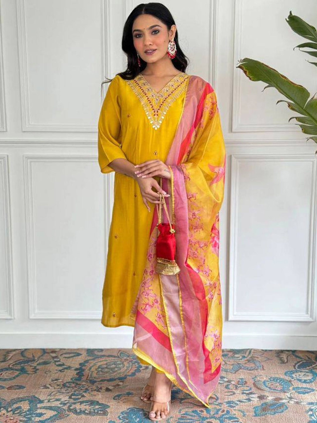 KALINI Floral Embroidered Thread Work Chanderi Silk Kurta with Trousers & Dupatta, Mustard
KALINI Floral Embroidered Thread Work Chanderi Silk Kurta with Trousers & Dupatta, Mustard