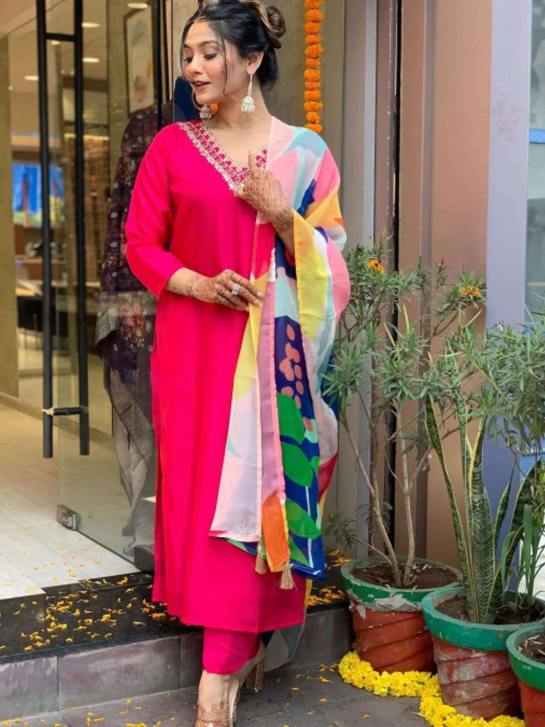 KALINI Floral Embroidered V Neck Chanderi Silk Straight Kurta With Trousers & Dupatta, Pink
KALINI Floral Embroidered V Neck Chanderi Silk Straight Kurta With Trousers & Dupatta, Pink