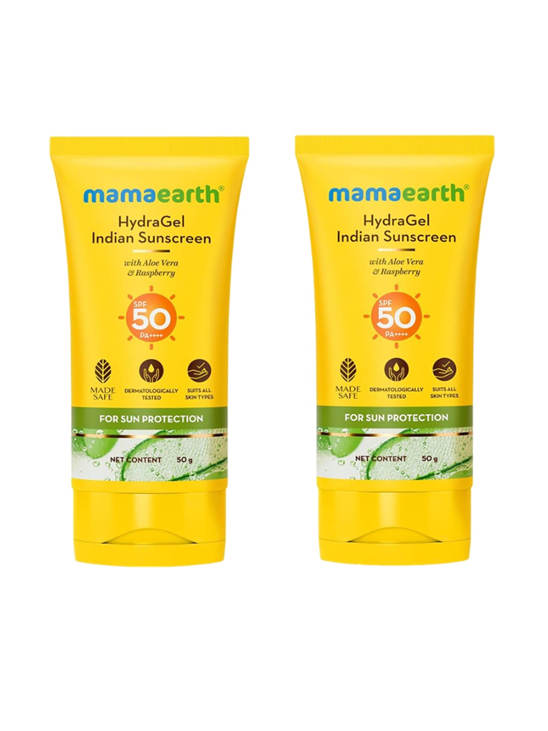 Mamaearth Set Of 2 Hydragel Indian Sunscreen SPF50 PA++++With Aloevera & Raspberry-50gEach, Yellow
Mamaearth Set Of 2 Hydragel Indian Sunscreen SPF50 PA++++With Aloevera & Raspberry-50gEach, Yellow