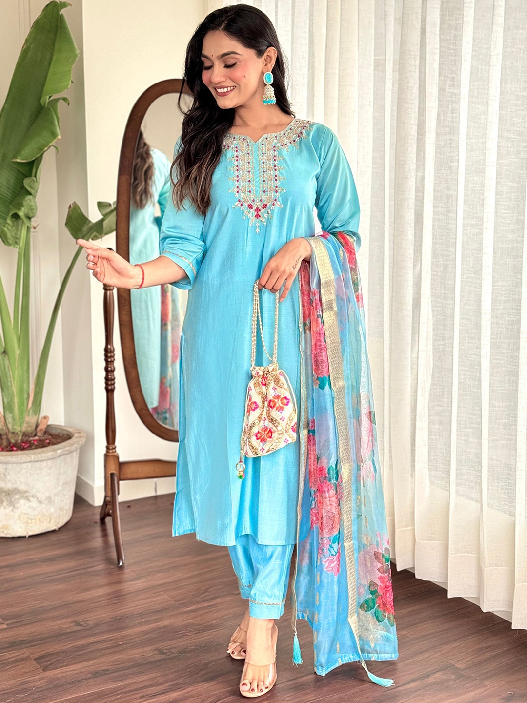 KALINI Floral Embroidered Thread Work Pure Cotton Straight Kurta with Trousers & Dupatta, Blue
KALINI Floral Embroidered Thread Work Pure Cotton Straight Kurta with Trousers & Dupatta, Blue