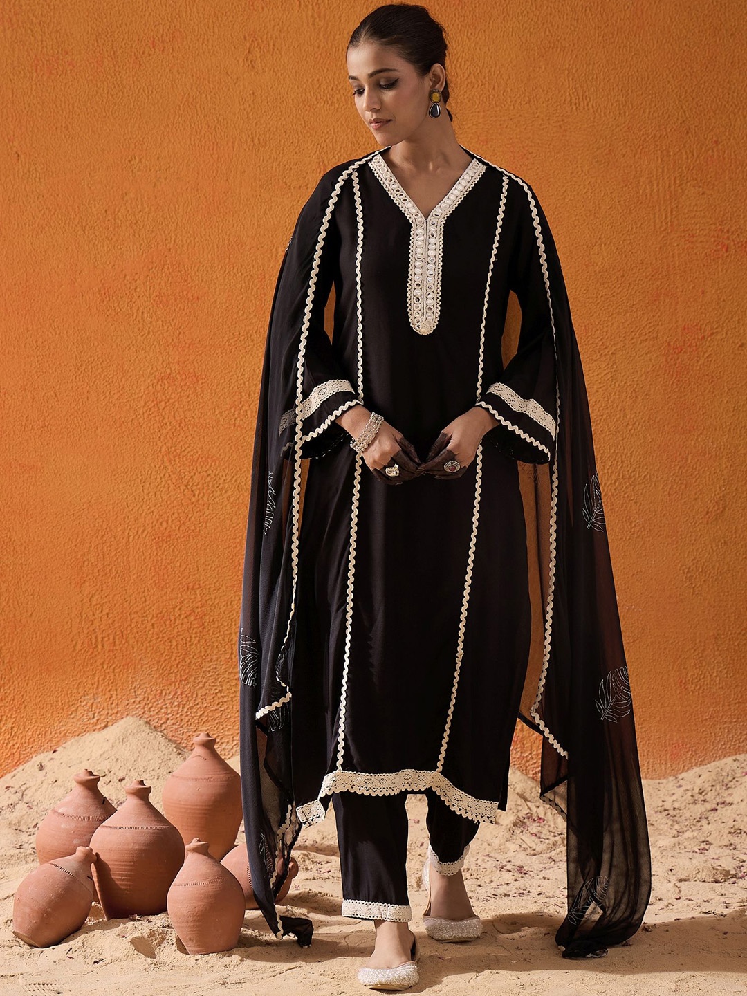Indo Era Black Floral Embroidered Mirror Work Straight Kurta With Trousers & Dupatta
Indo Era Black Floral Embroidered Mirror Work Straight Kurta With Trousers & Dupatta