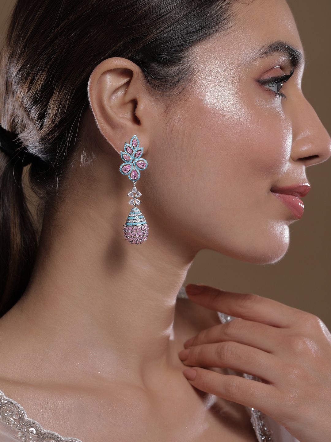 Rubans Rhodium-Plated Pink & Blue AD & Cubic Zirconia Studded Leaf & Teardrop Earrings, Silver
Rubans Rhodium-Plated Pink & Blue AD & Cubic Zirconia Studded Leaf & Teardrop Earrings, Silver