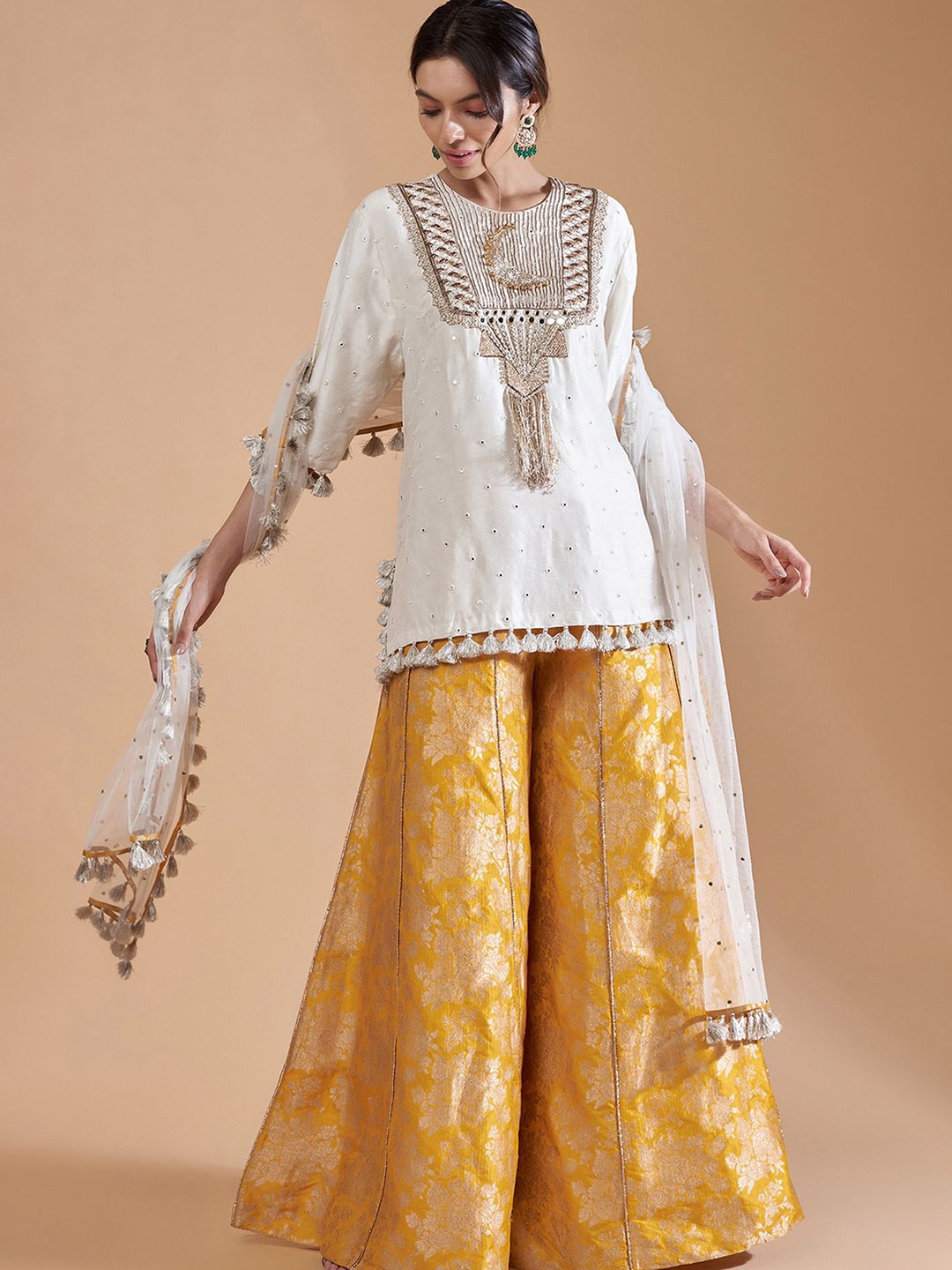 Payal Singhal Embroidered Mirror Work Pure Silk Straight Kurti with Palazzos & Dupatta, Off white
Payal Singhal Embroidered Mirror Work Pure Silk Straight Kurti with Palazzos & Dupatta, Off white
