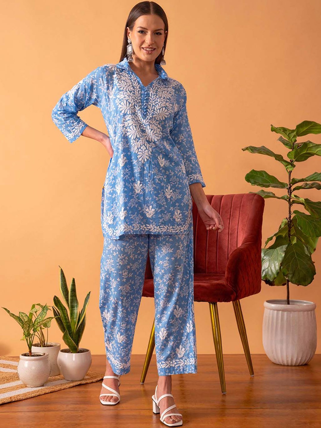 ADA Women Floral Embroidered Regular Chikankari Pure Cotton Kurti with Trousers, Blue
ADA Women Floral Embroidered Regular Chikankari Pure Cotton Kurti with Trousers, Blue