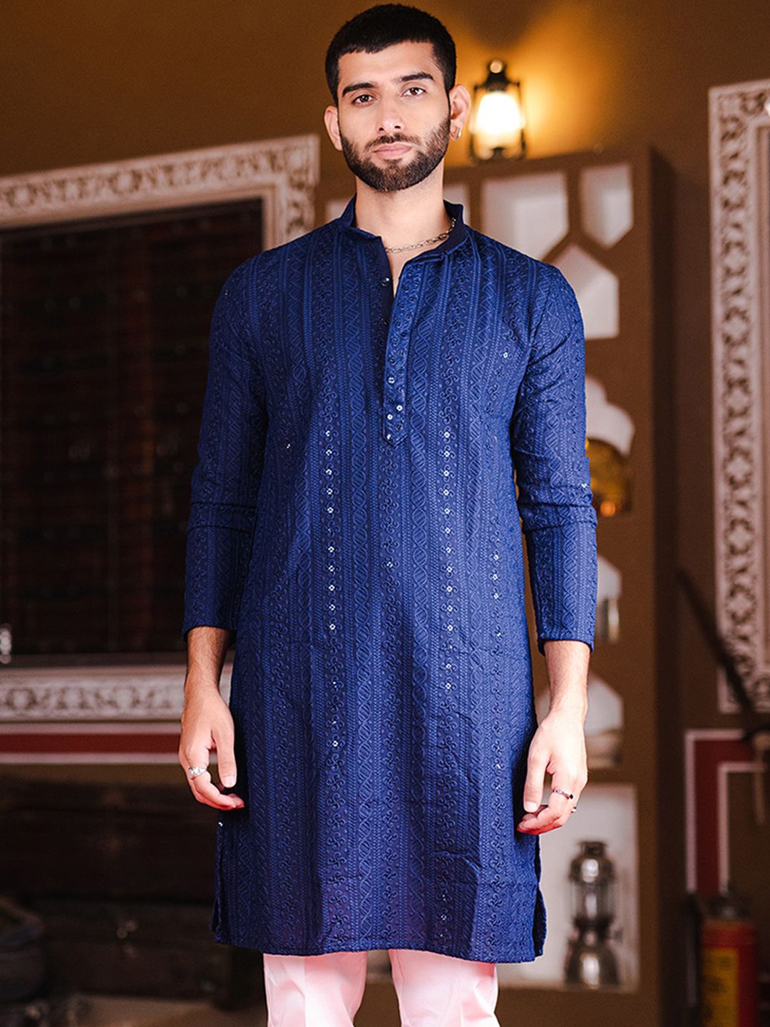 Tistabene Floral Embroidered Chikankari & Sequinned Mandarin Collar Cotton Straight Kurta, Navy blue
Tistabene Floral Embroidered Chikankari & Sequinned Mandarin Collar Cotton Straight Kurta, Navy blue
